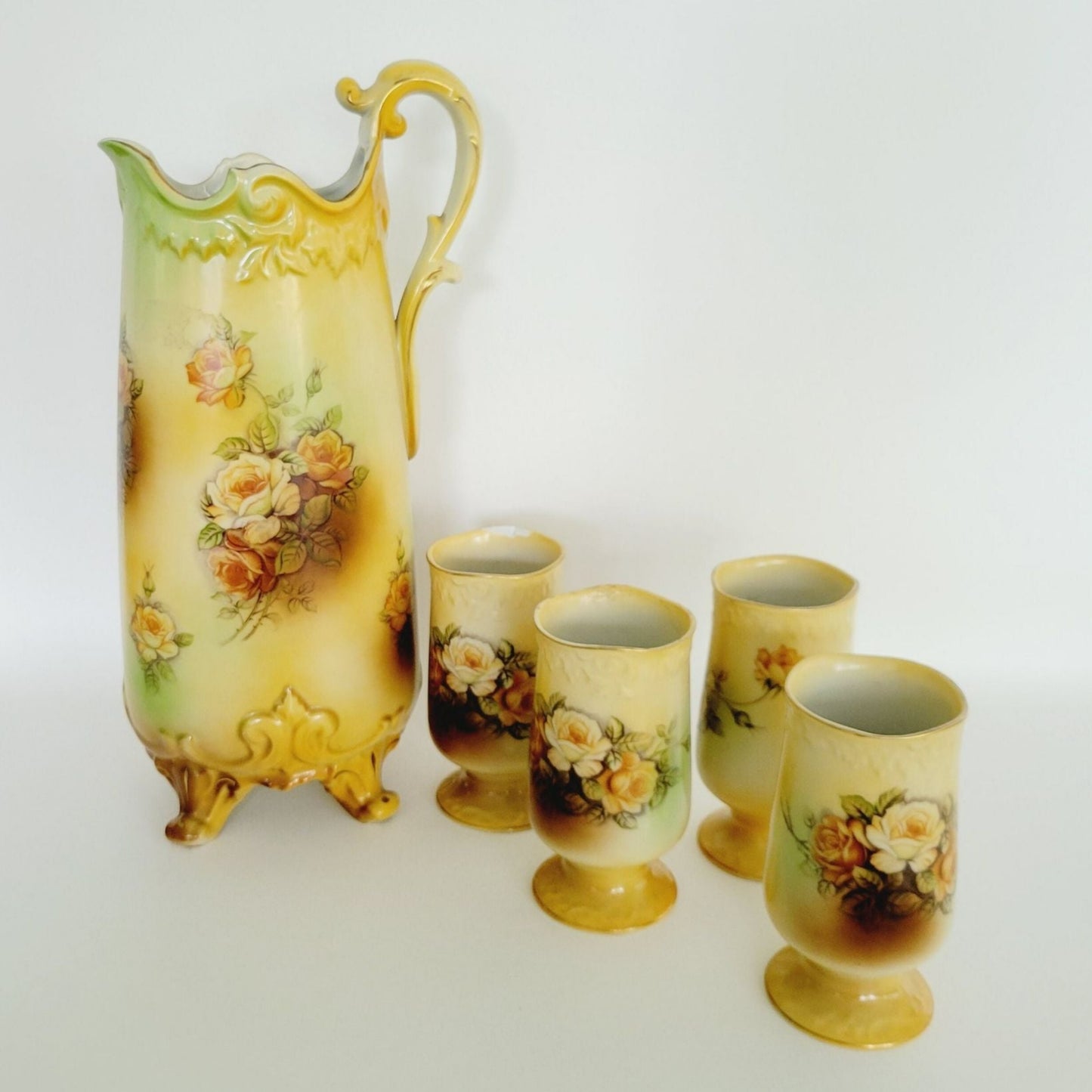 Vintage RS Prussia Victorian Yellow Floral Pitcher & 4 Cups, Footed & Embossed Details, Brown & Green Accents