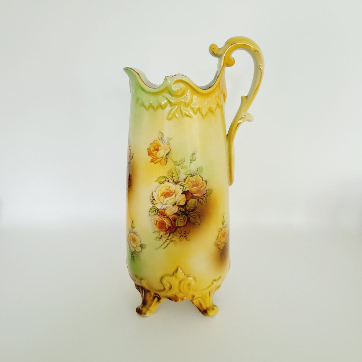 Vintage RS Prussia Victorian Yellow Floral Pitcher & 4 Cups, Footed & Embossed Details, Brown & Green Accents