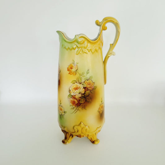 Vintage RS Prussia Victorian Yellow Floral Pitcher & 4 Cups, Footed & Embossed Details, Brown & Green Accents