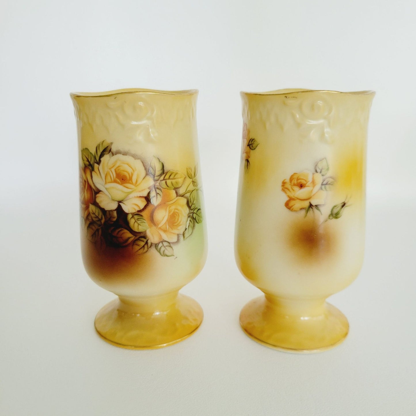 Vintage RS Prussia Victorian Yellow Floral Pitcher & 4 Cups, Footed & Embossed Details, Brown & Green Accents