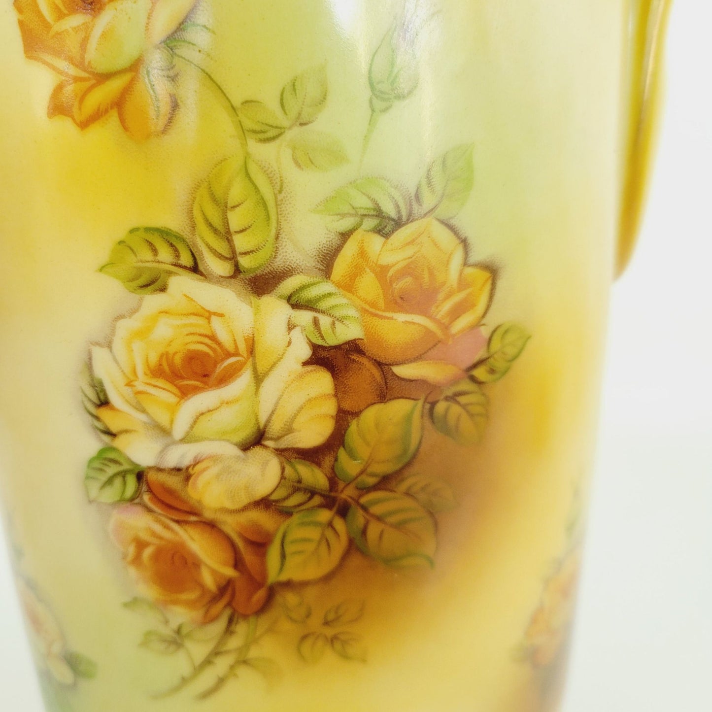 Vintage RS Prussia Victorian Yellow Floral Pitcher & 4 Cups, Footed & Embossed Details, Brown & Green Accents
