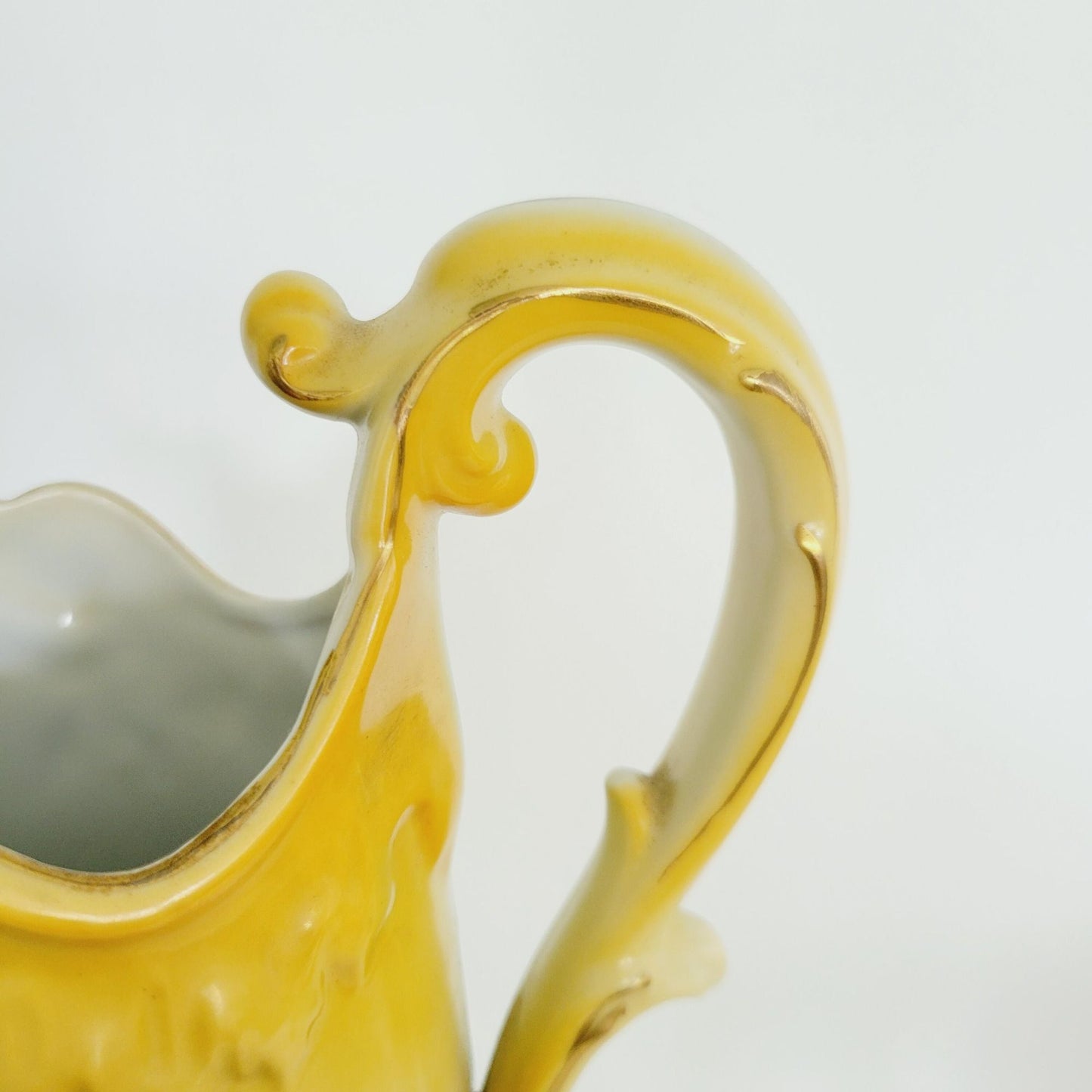 Vintage RS Prussia Victorian Yellow Floral Pitcher & 4 Cups, Footed & Embossed Details, Brown & Green Accents