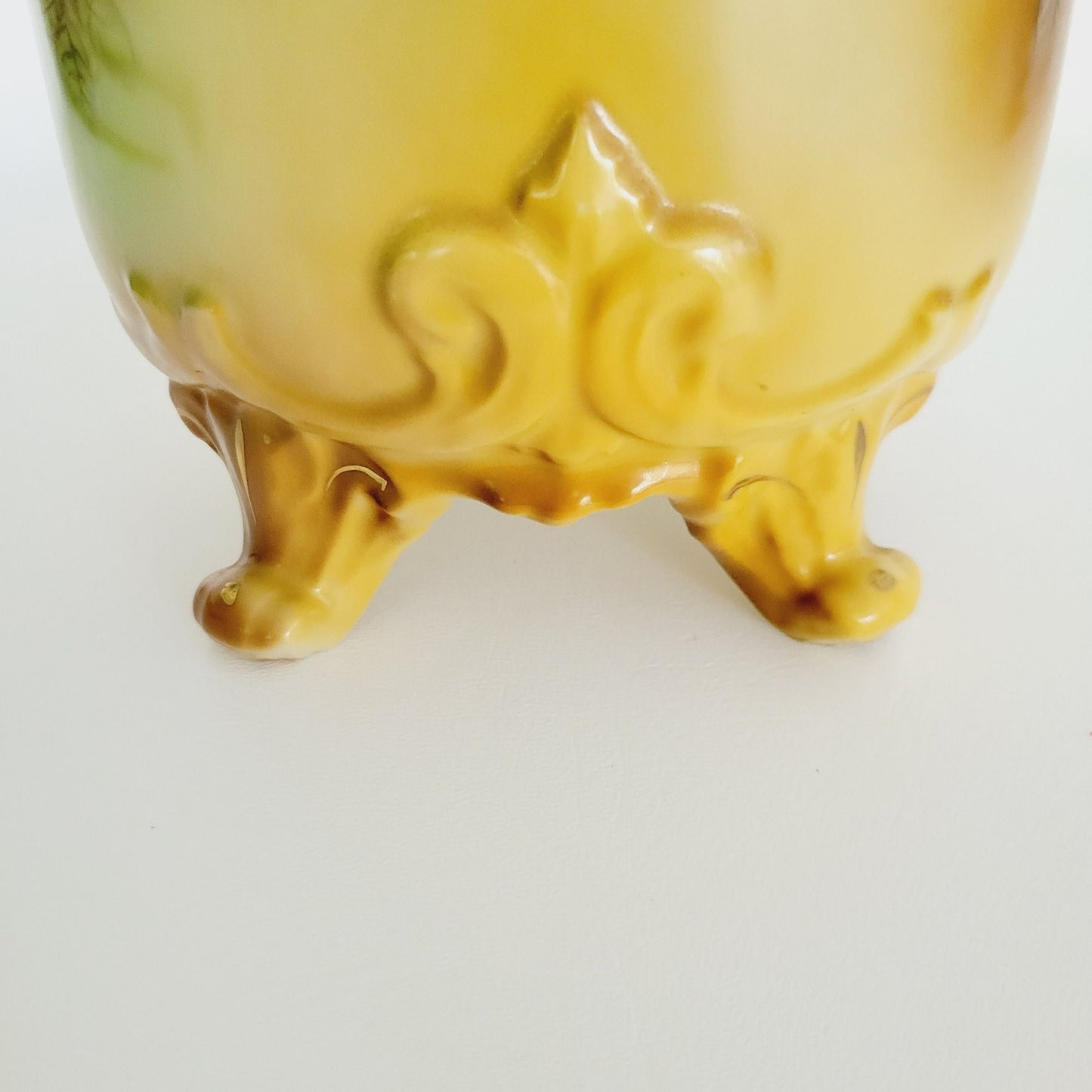 Vintage RS Prussia Victorian Yellow Floral Pitcher & 4 Cups, Footed & Embossed Details, Brown & Green Accents