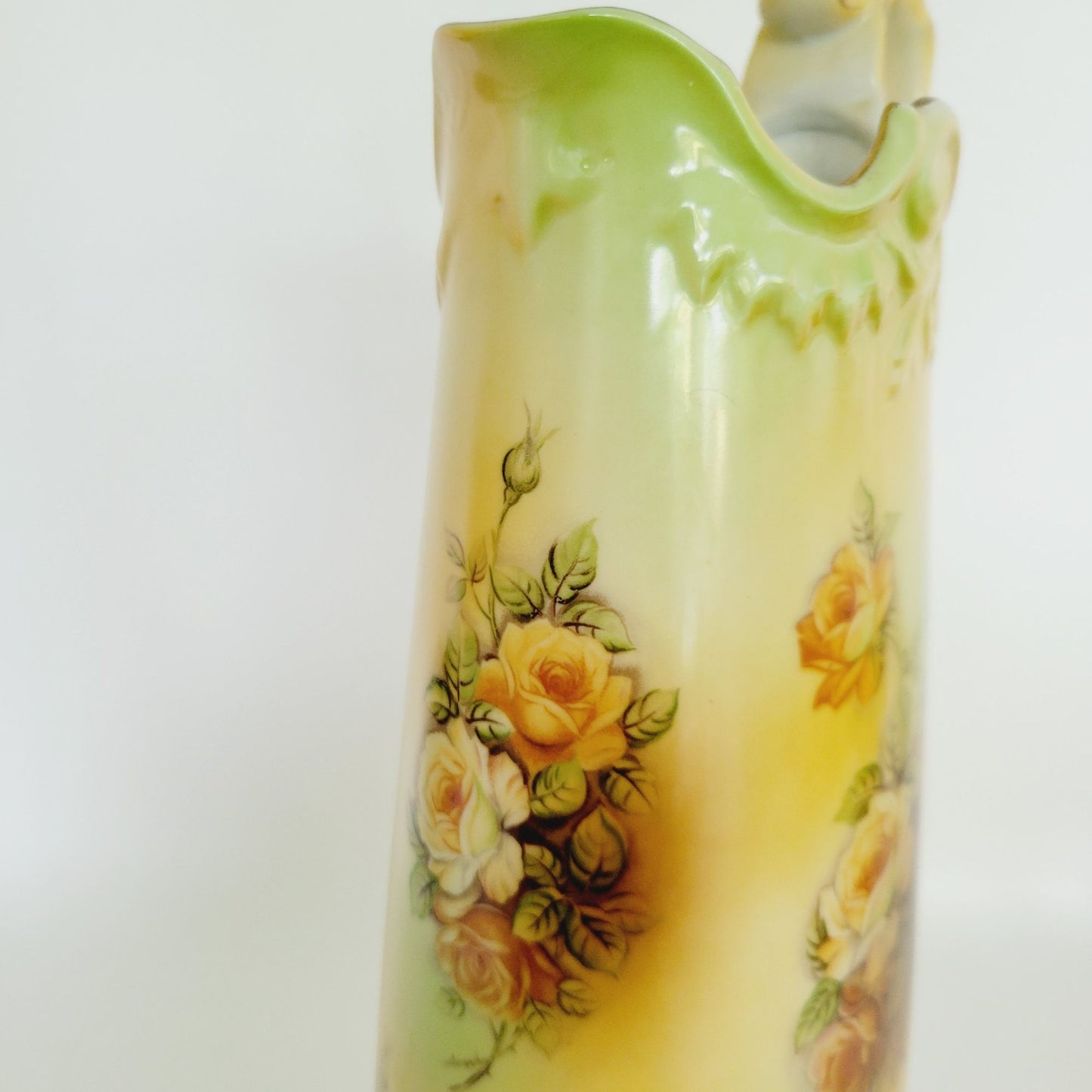 Vintage RS Prussia Victorian Yellow Floral Pitcher & 4 Cups, Footed & Embossed Details, Brown & Green Accents