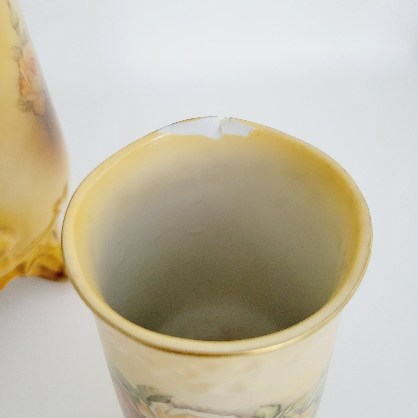 Vintage RS Prussia Victorian Yellow Floral Pitcher & 4 Cups, Footed & Embossed Details, Brown & Green Accents