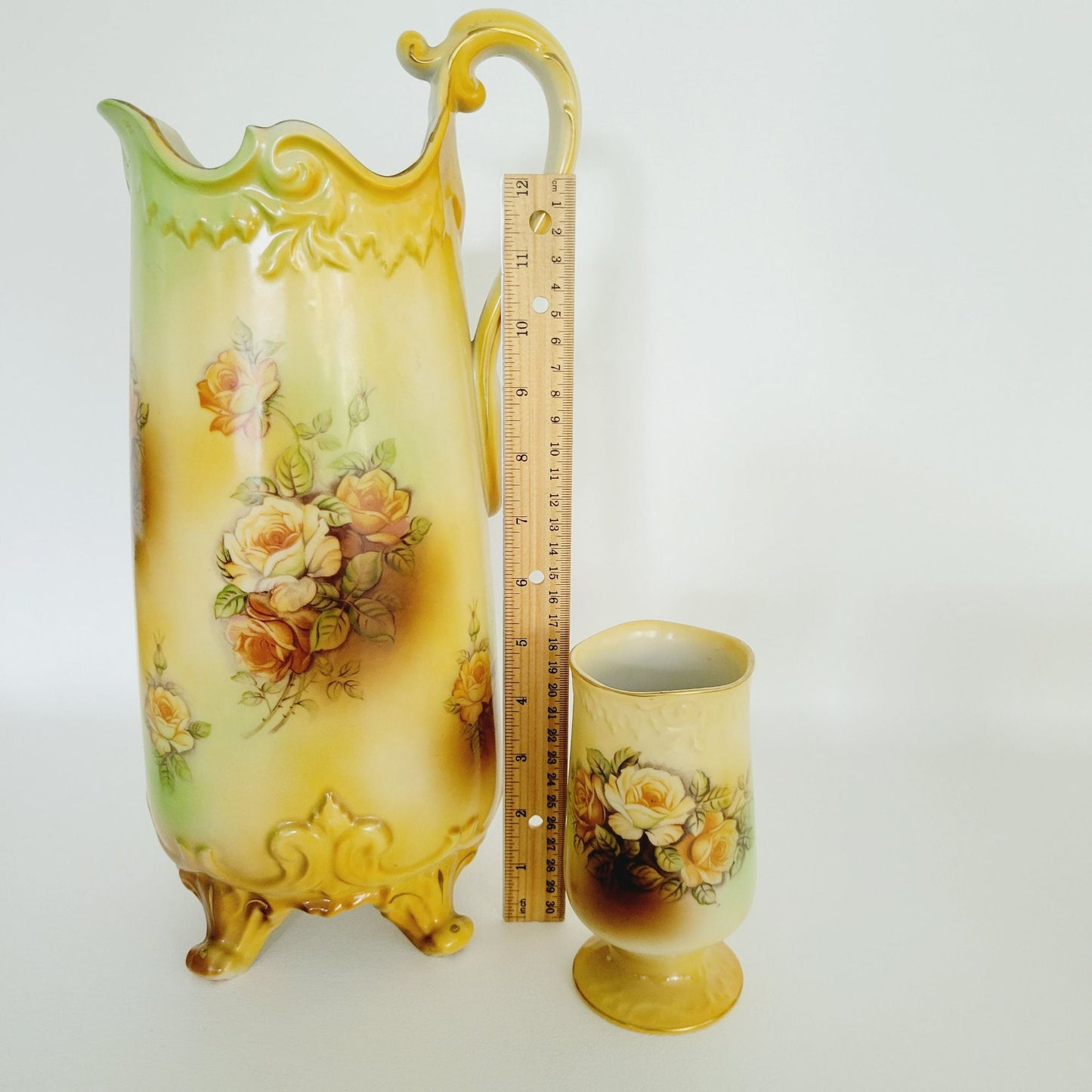 Vintage RS Prussia Victorian Yellow Floral Pitcher & 4 Cups, Footed & Embossed Details, Brown & Green Accents