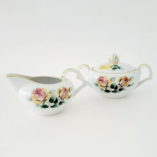 Vintage Japanese Yellow & Peach Rose Creamer & Lidded Sugar Bowl, Trio Pattern by Narumi Kent