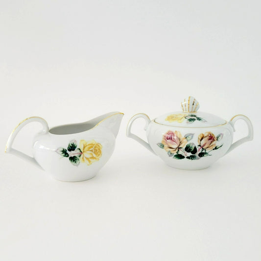 Vintage Japanese Yellow & Peach Rose Creamer & Lidded Sugar Bowl, Trio Pattern by Narumi Kent