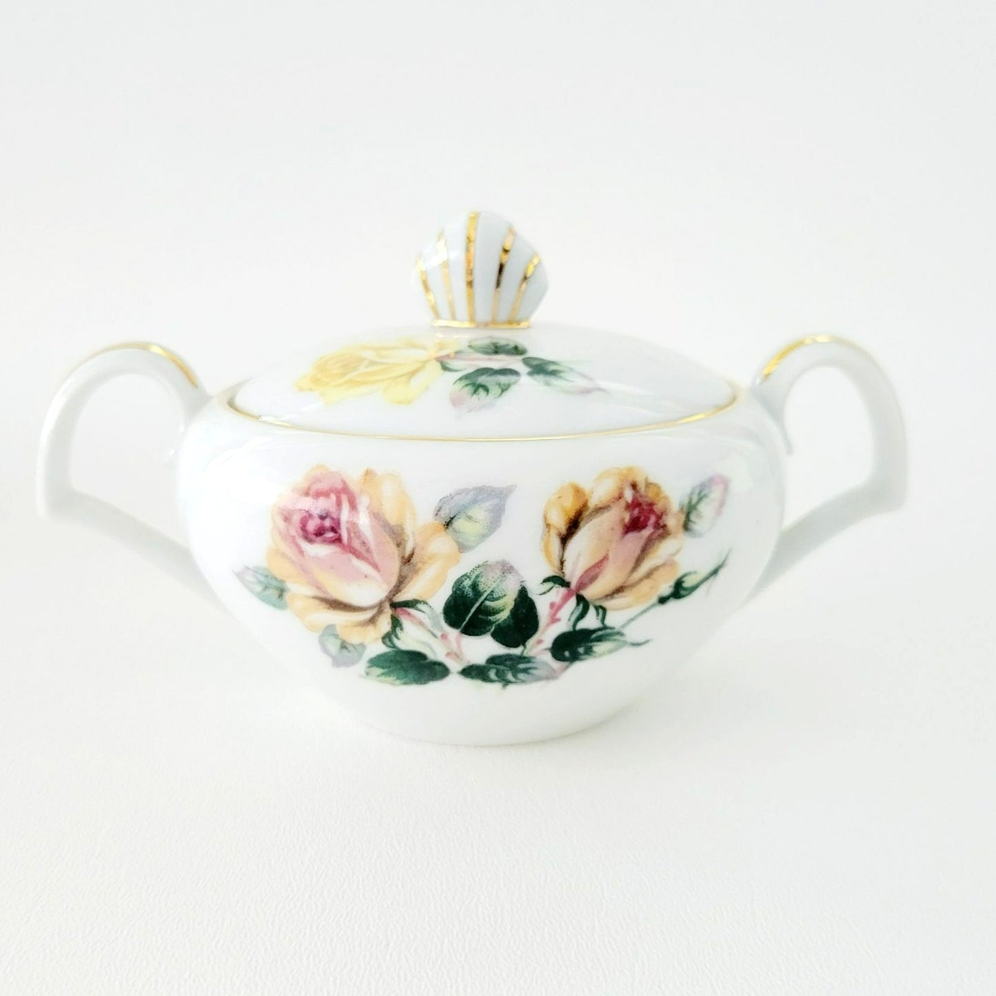 Vintage Japanese Yellow & Peach Rose Creamer & Lidded Sugar Bowl, Trio Pattern by Narumi Kent