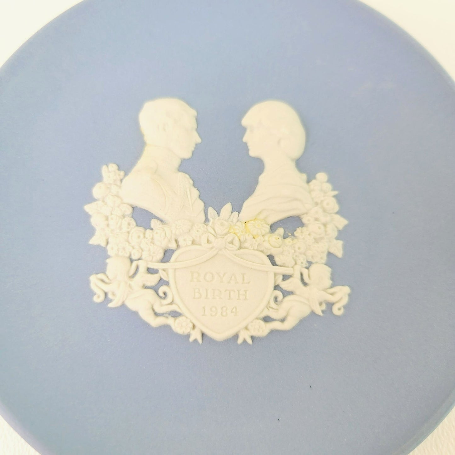 Wedgwood Blue Jasperware Royal Birth 1984 Miniature Plate, Embossed Diana & Charles
