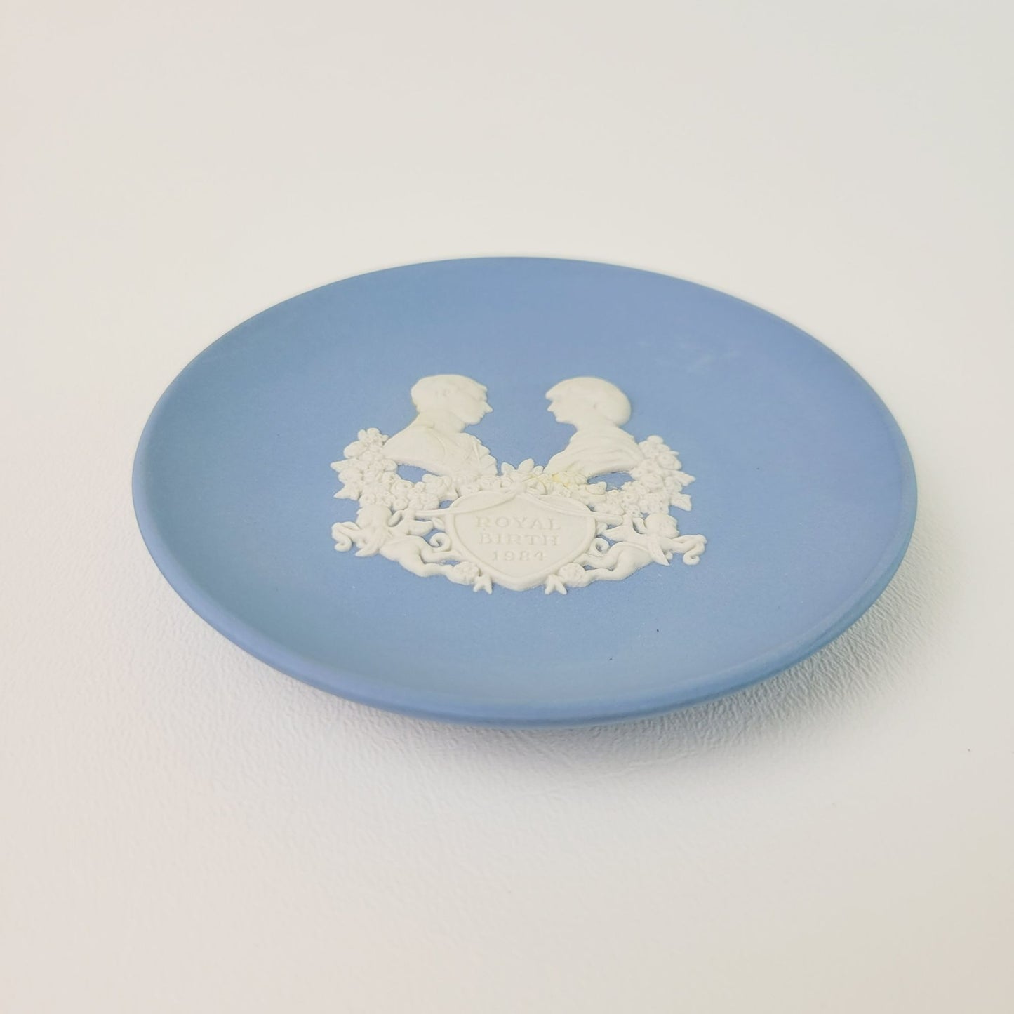 Wedgwood Blue Jasperware Royal Birth 1984 Miniature Plate, Embossed Diana & Charles