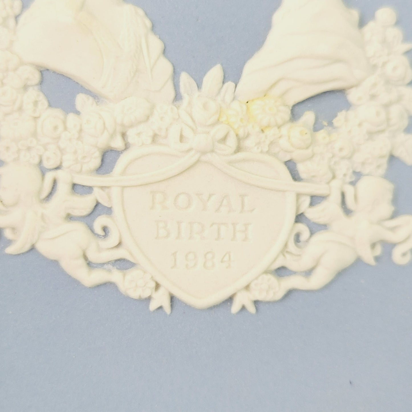 Wedgwood Blue Jasperware Royal Birth 1984 Miniature Plate, Embossed Diana & Charles