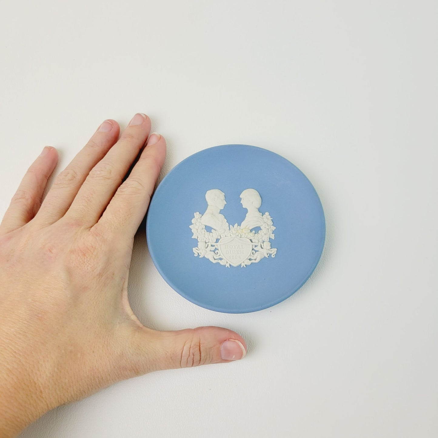 Wedgwood Blue Jasperware Royal Birth 1984 Miniature Plate, Embossed Diana & Charles