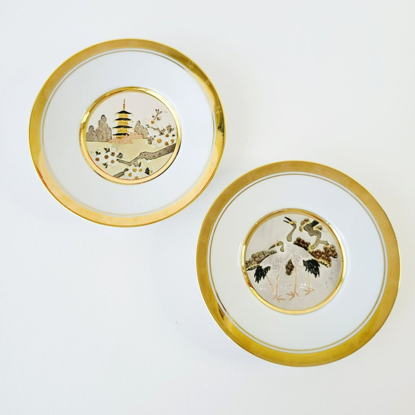 Vintage Japanese Chokin Plate Set Floral Calendar Collection Spring Cherry Blossoms & New Years' Day Pine and Crane