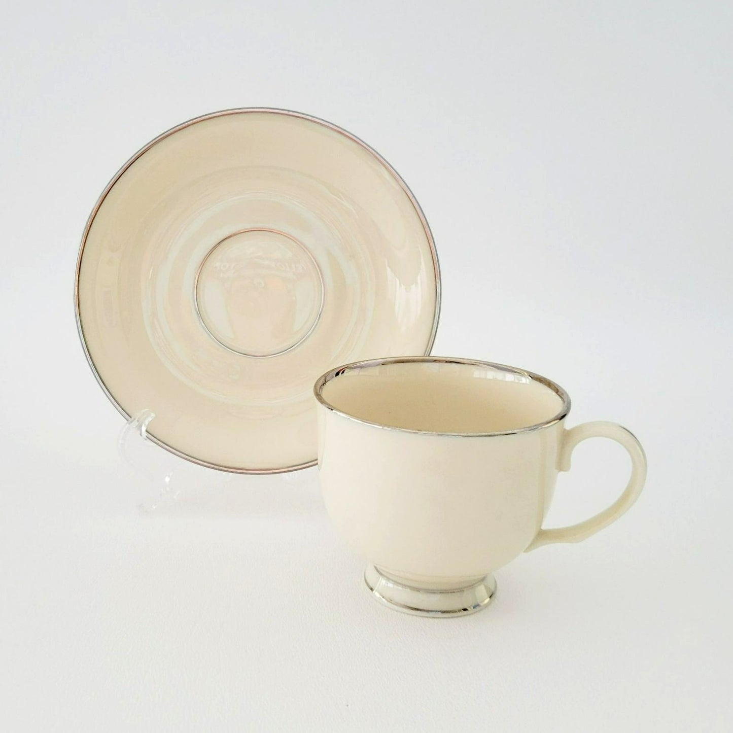 Lenox Montclair Teacup & Saucer, Cream with Platinum Silver Trim, USA Made