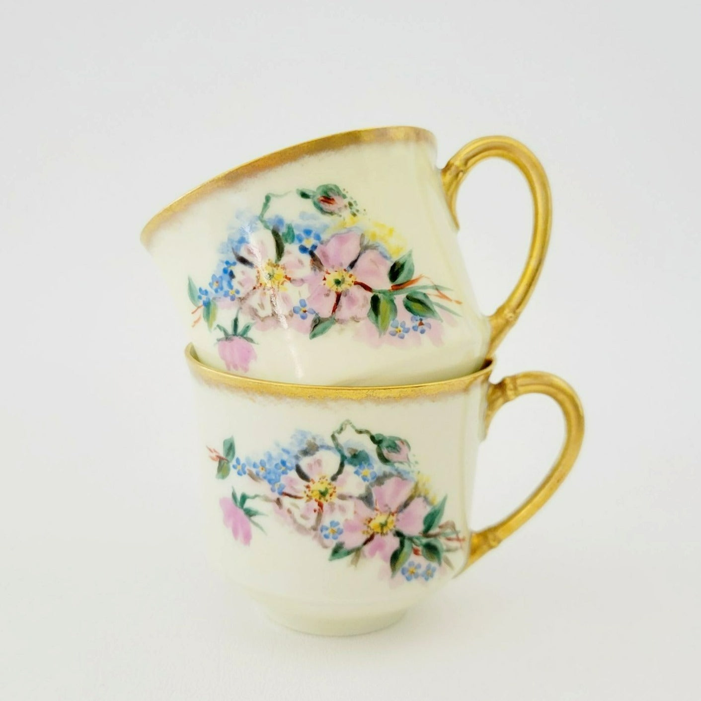 Rare Antique Johann Haviland Demitasse Cup Set (2) – Hand Painted Pink & Blue Florals, Heavy Gold Trim – Germany c.1907-24