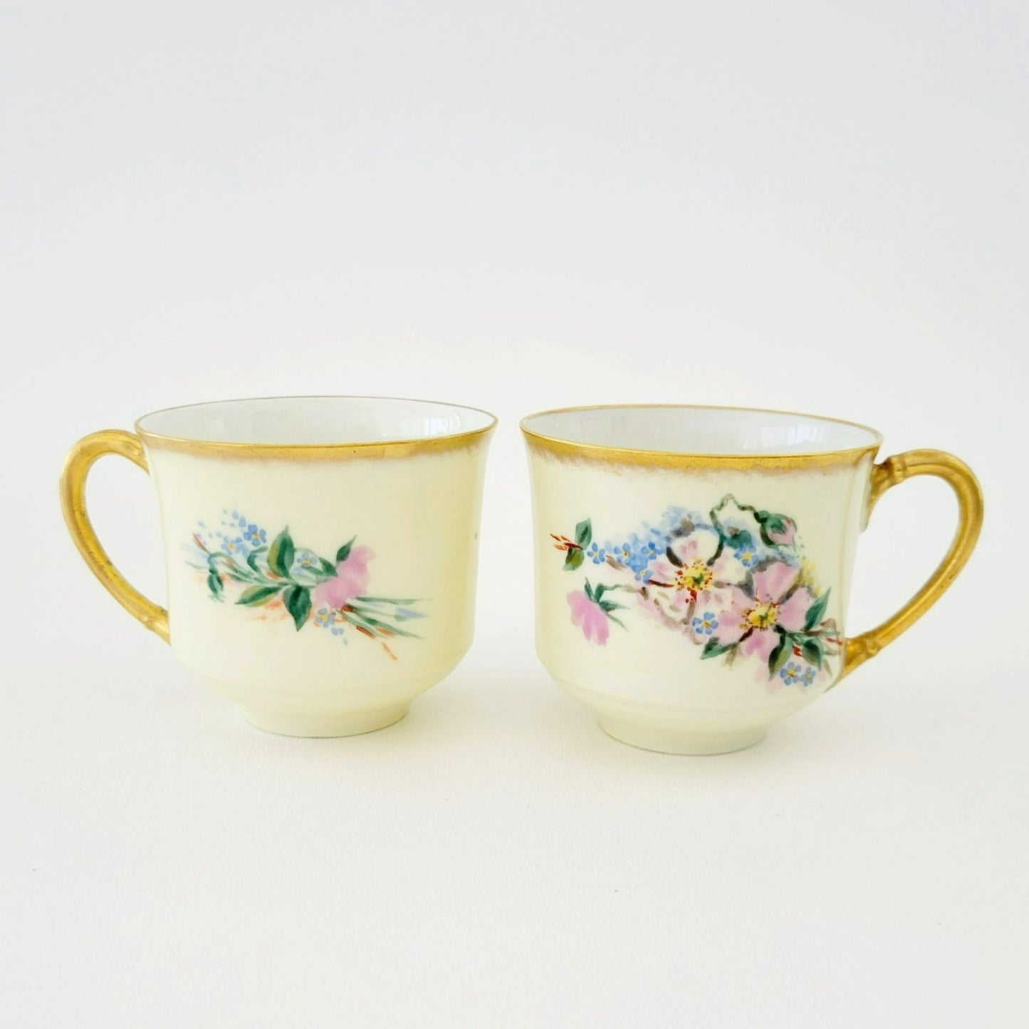 Rare Antique Johann Haviland Demitasse Cup Set (2) – Hand Painted Pink & Blue Florals, Heavy Gold Trim – Germany c.1907-24