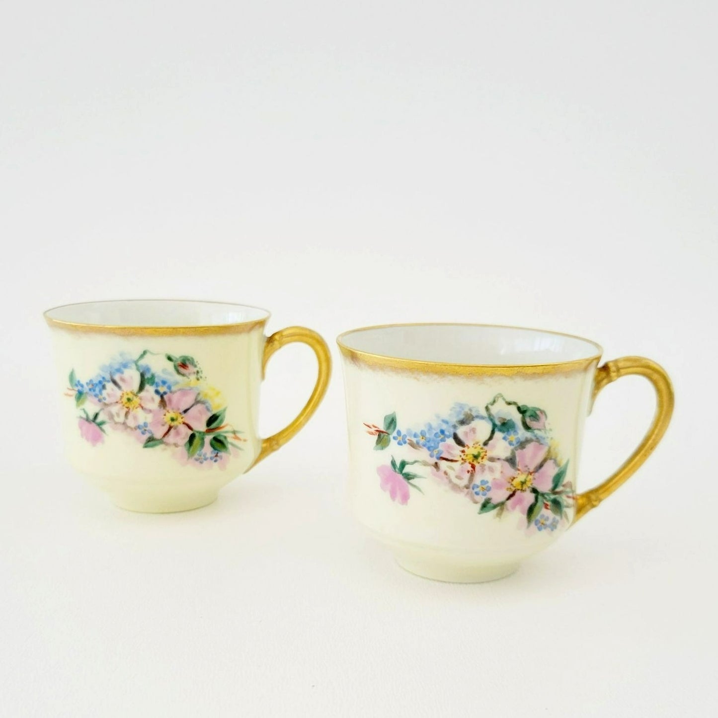 Rare Antique Johann Haviland Demitasse Cup Set (2) – Hand Painted Pink & Blue Florals, Heavy Gold Trim – Germany c.1907-24