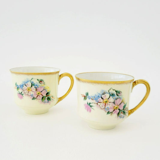 Rare Antique Johann Haviland Demitasse Cup Set (2) – Hand Painted Pink & Blue Florals, Heavy Gold Trim – Germany c.1907-24