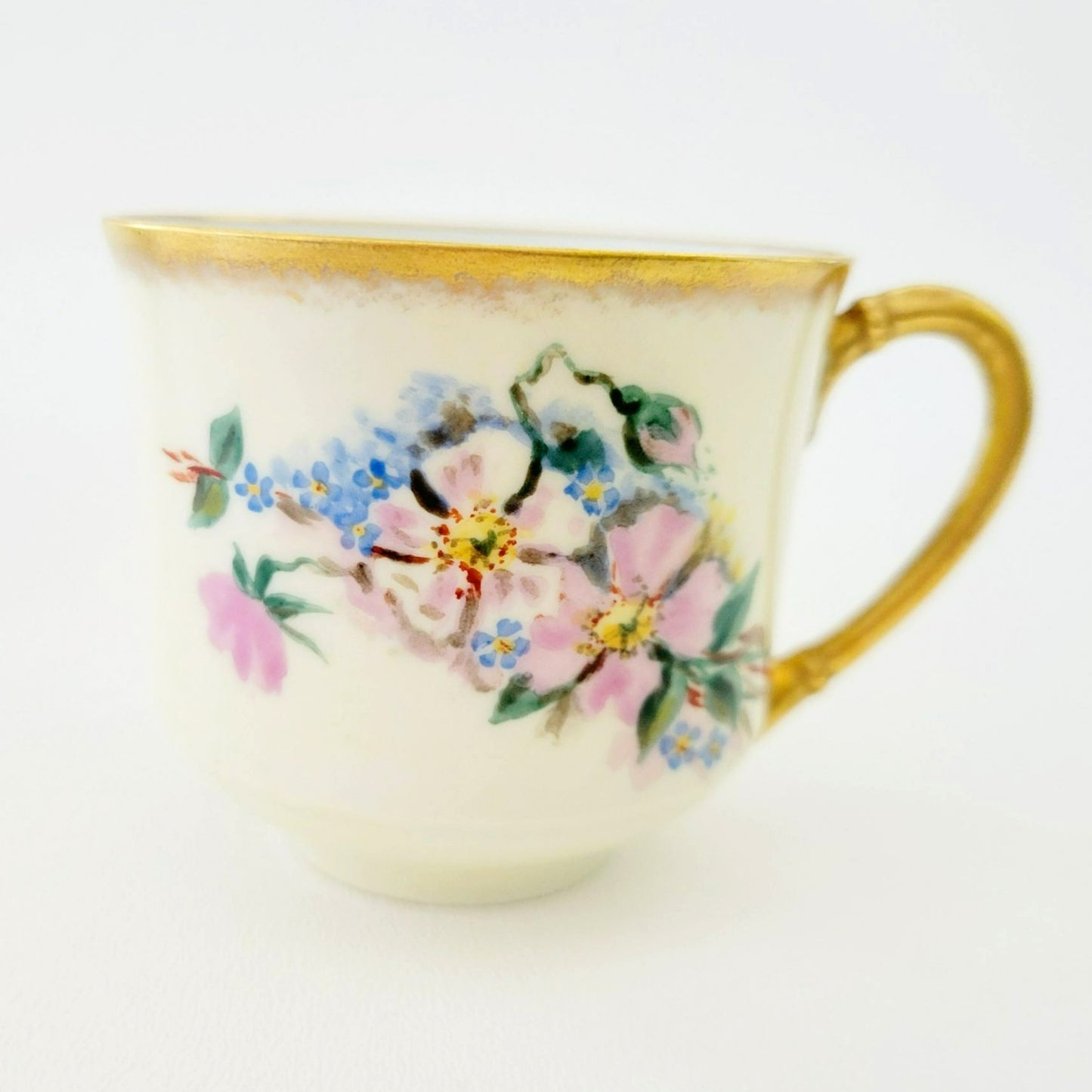Rare Antique Johann Haviland Demitasse Cup Set (2) – Hand Painted Pink & Blue Florals, Heavy Gold Trim – Germany c.1907-24