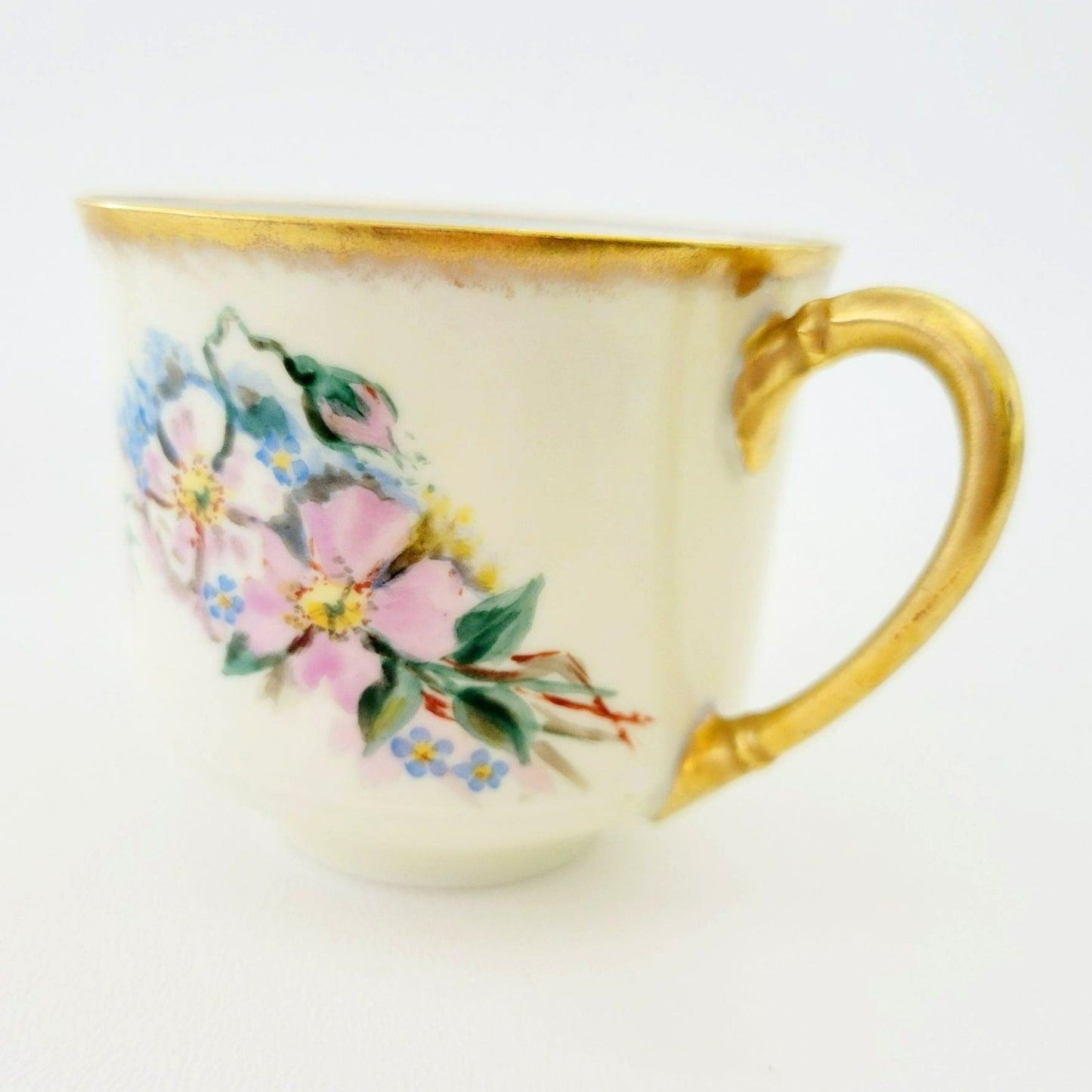 Rare Antique Johann Haviland Demitasse Cup Set (2) – Hand Painted Pink & Blue Florals, Heavy Gold Trim – Germany c.1907-24