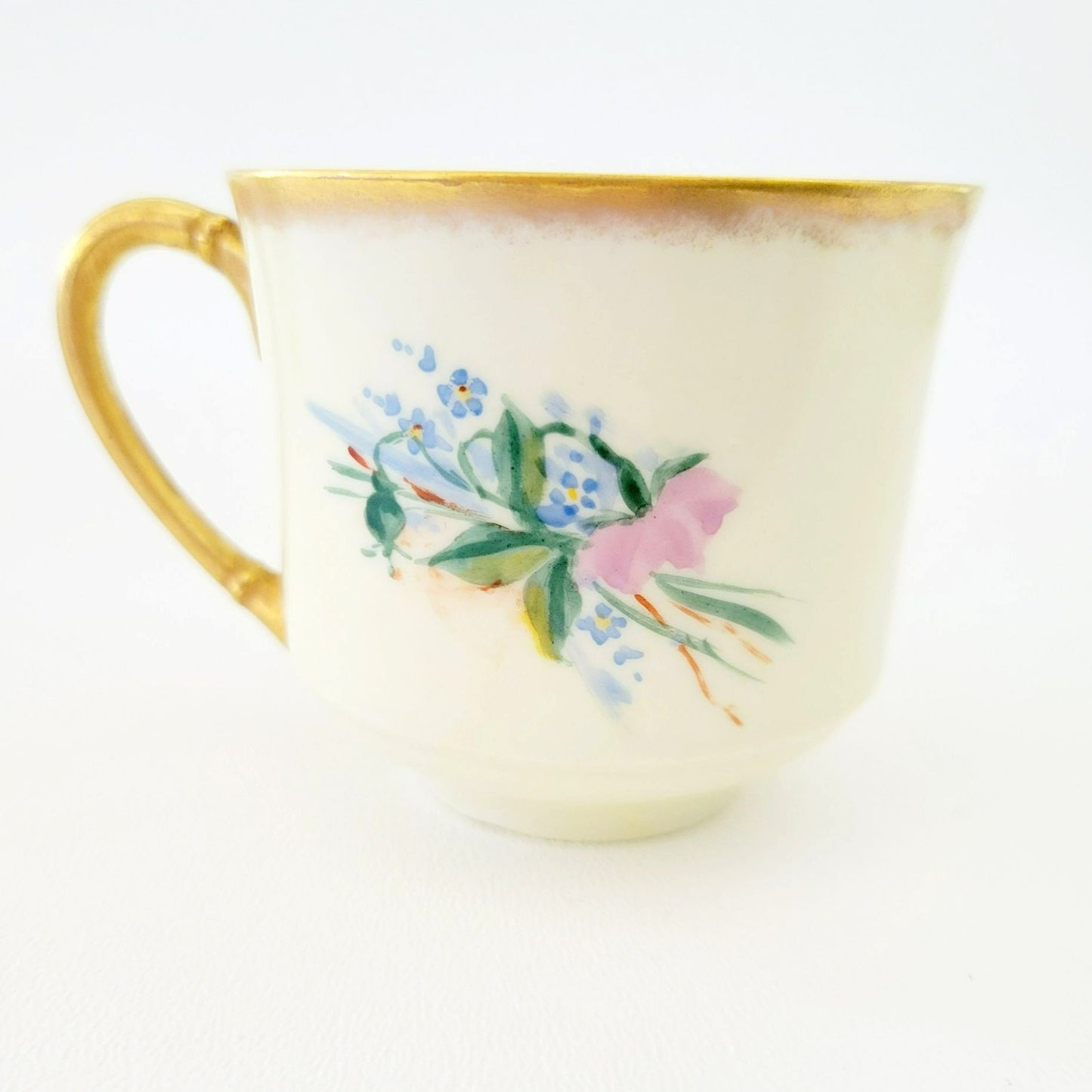 Rare Antique Johann Haviland Demitasse Cup Set (2) – Hand Painted Pink & Blue Florals, Heavy Gold Trim – Germany c.1907-24