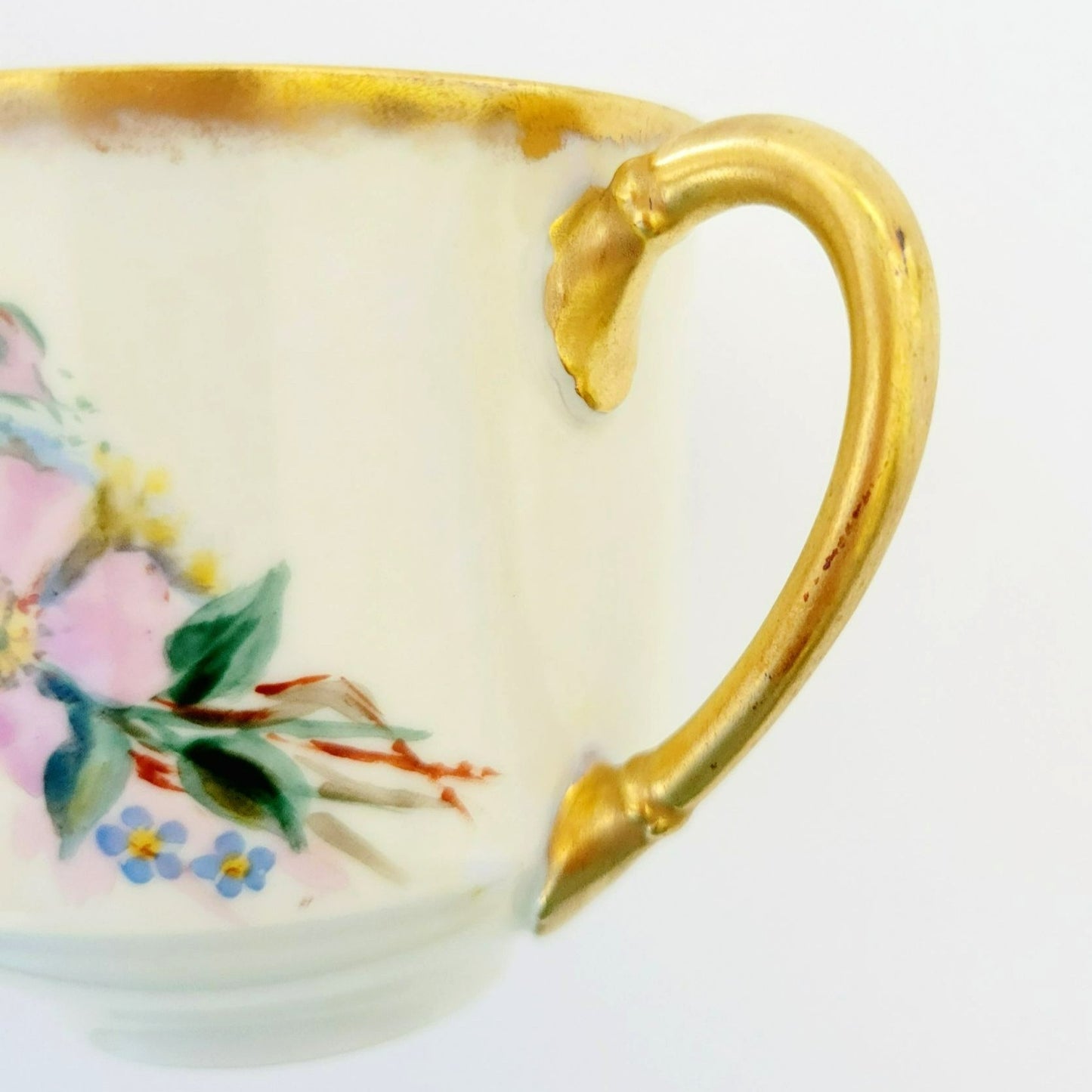 Rare Antique Johann Haviland Demitasse Cup Set (2) – Hand Painted Pink & Blue Florals, Heavy Gold Trim – Germany c.1907-24