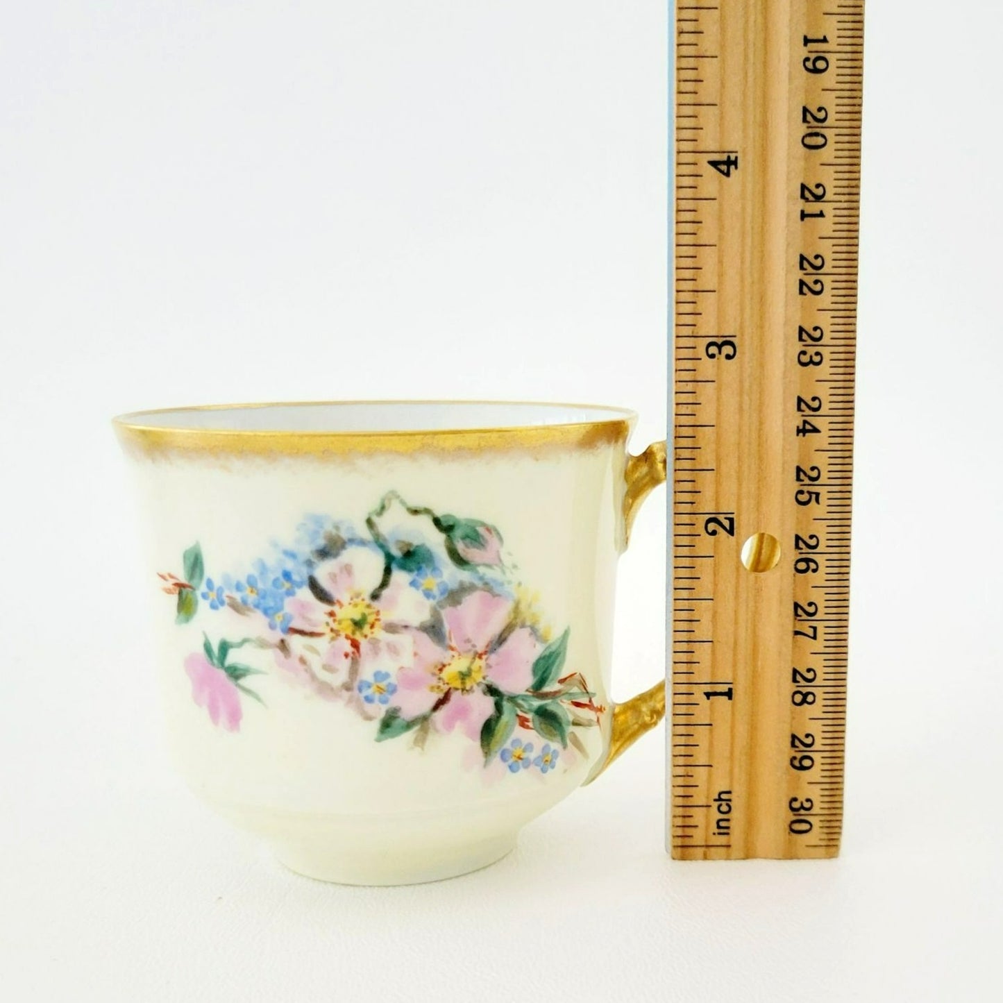 Rare Antique Johann Haviland Demitasse Cup Set (2) – Hand Painted Pink & Blue Florals, Heavy Gold Trim – Germany c.1907-24