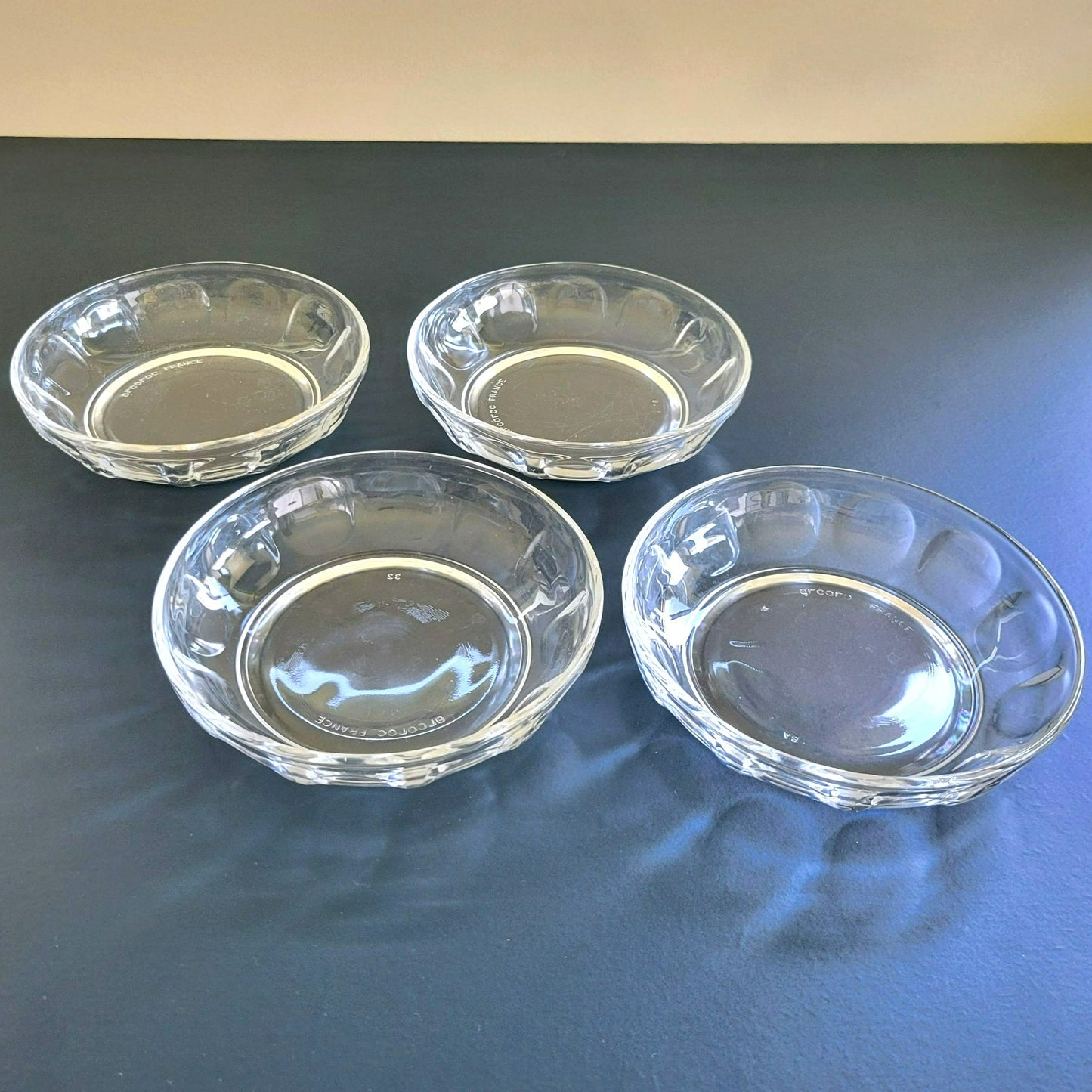 Vintage Arcoroc France Thumbprint Dessert Bowl Set of 4, Individual Small Shallow Salad Bowl Set, Durable Glass Replacement Dishes