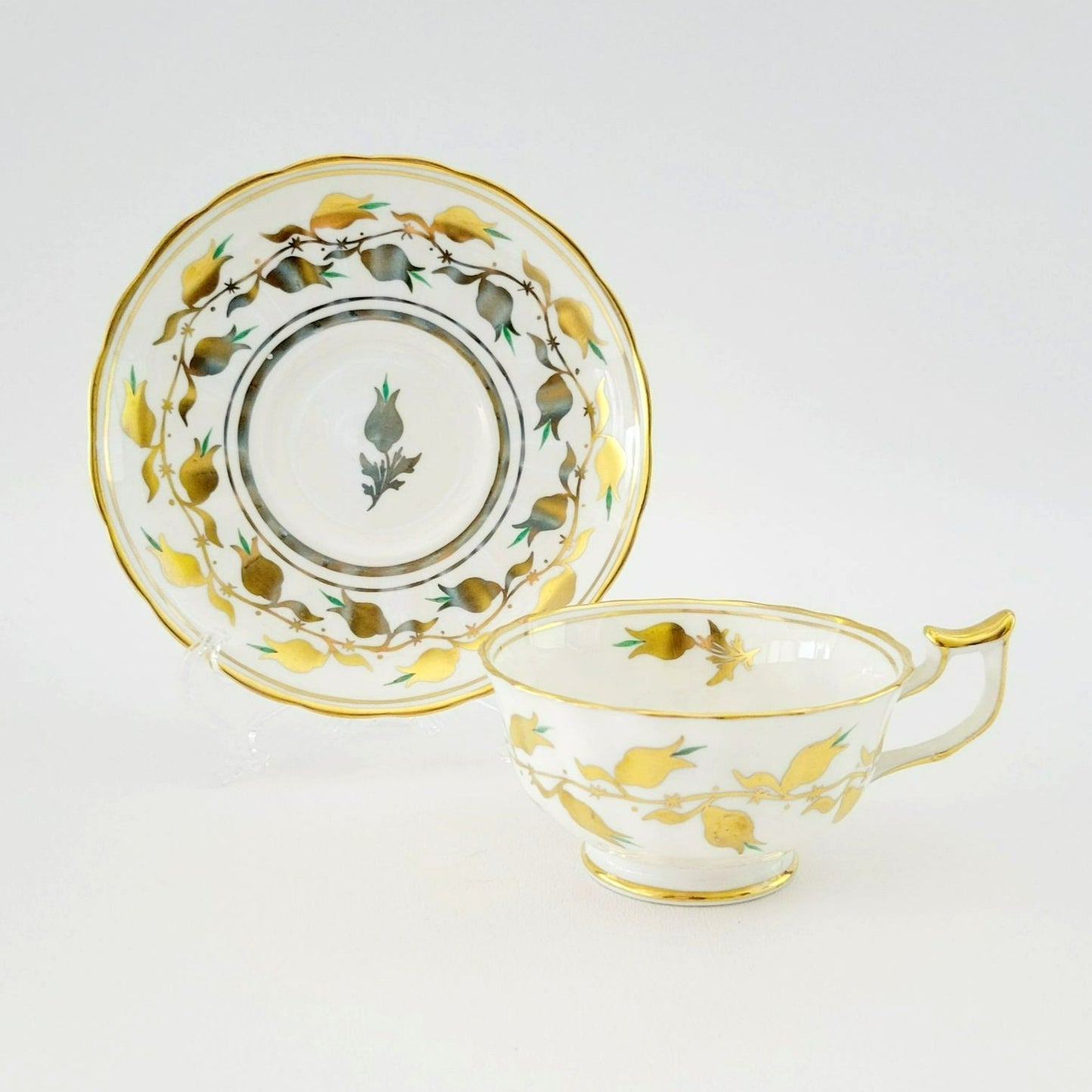 Royal Chelsea Golden Jade Teacup & Saucer with Gold Vines & Flowers, Bone China Made in England