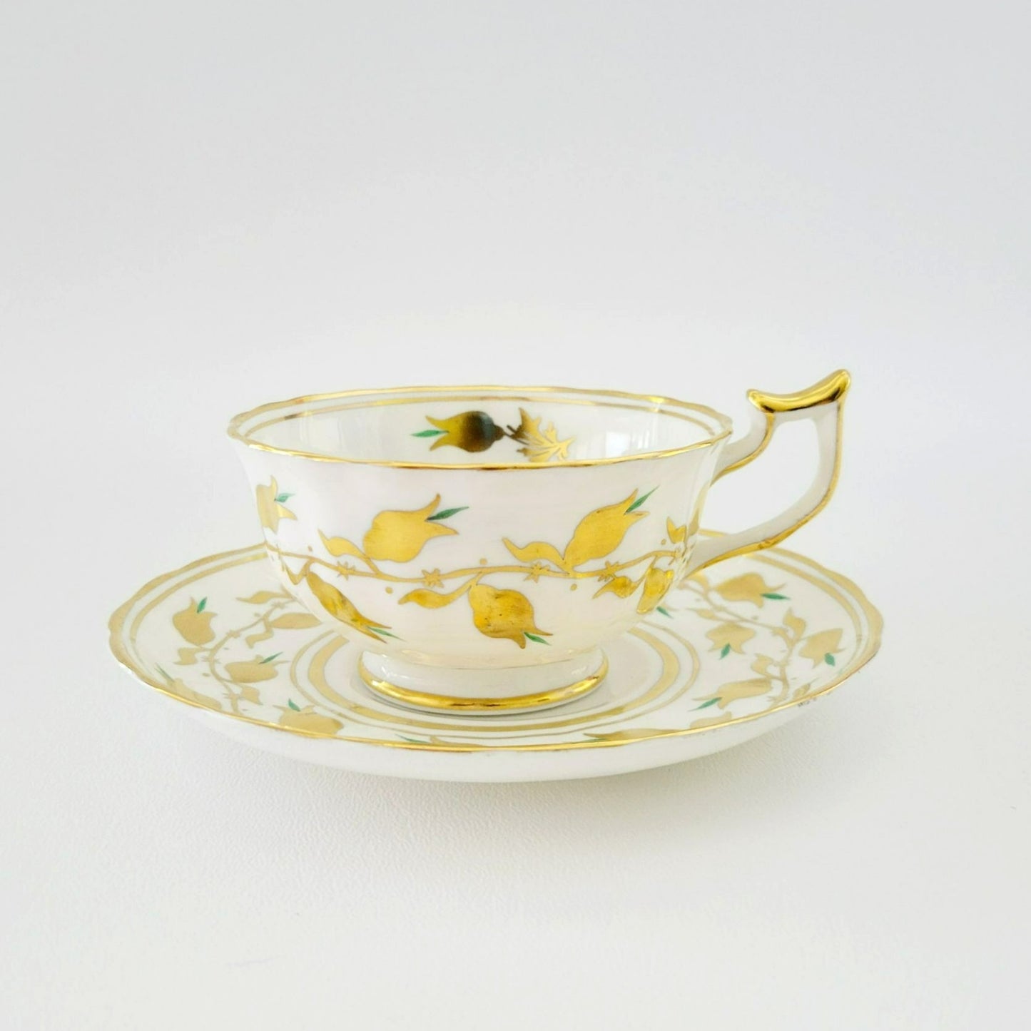 Royal Chelsea Golden Jade Teacup & Saucer with Gold Vines & Flowers, Bone China Made in England