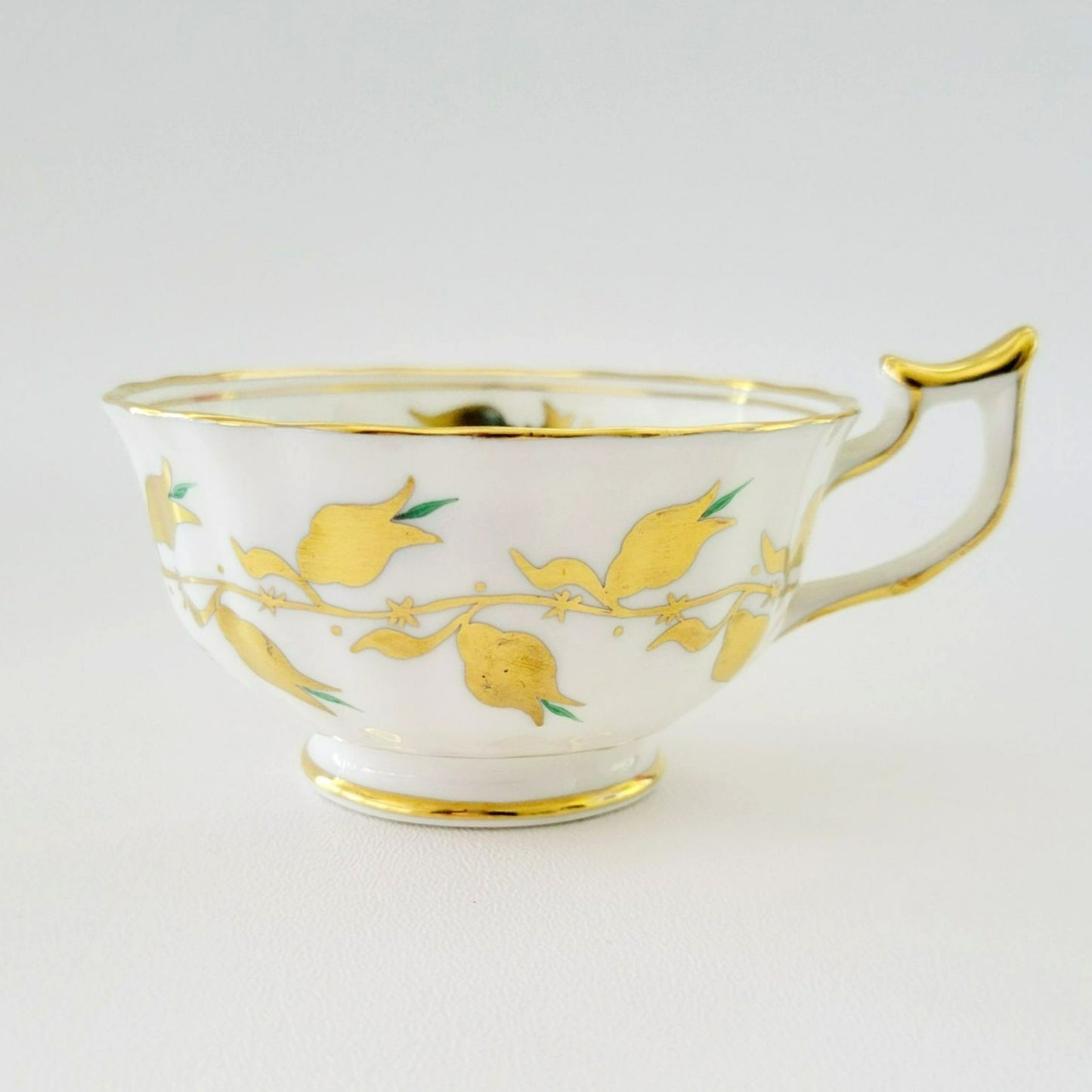 Royal Chelsea Golden Jade Teacup & Saucer with Gold Vines & Flowers, Bone China Made in England