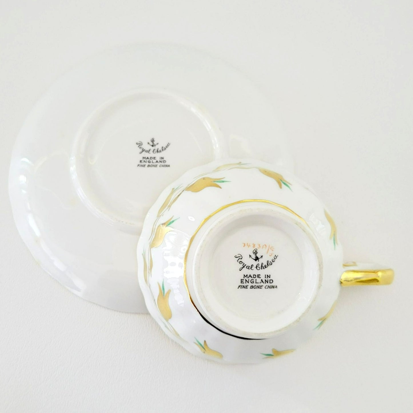 Royal Chelsea Golden Jade Teacup & Saucer with Gold Vines & Flowers, Bone China Made in England