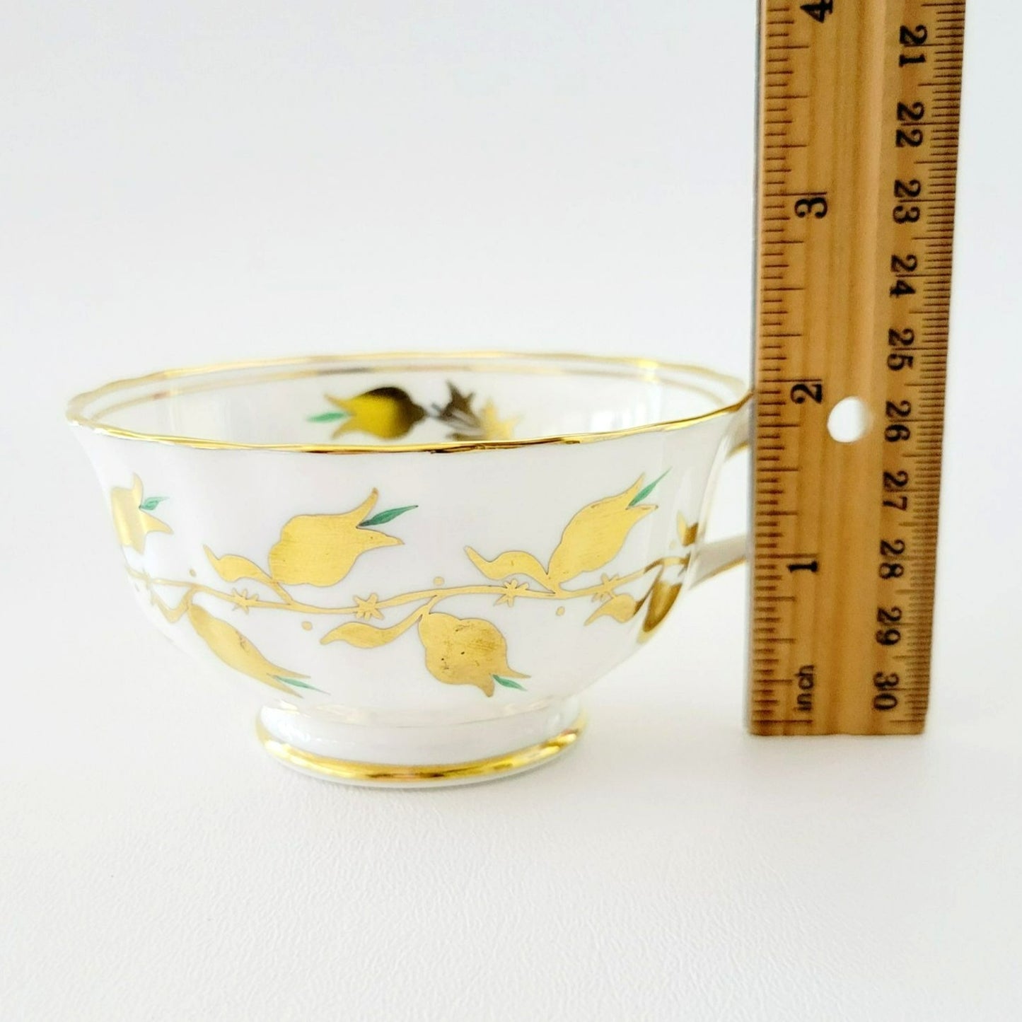 Royal Chelsea Golden Jade Teacup & Saucer with Gold Vines & Flowers, Bone China Made in England