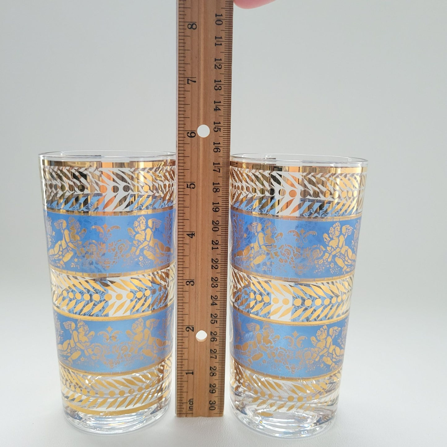 MCM Blue & Gold Cherub Highball Glass Tumbler, Set of 2