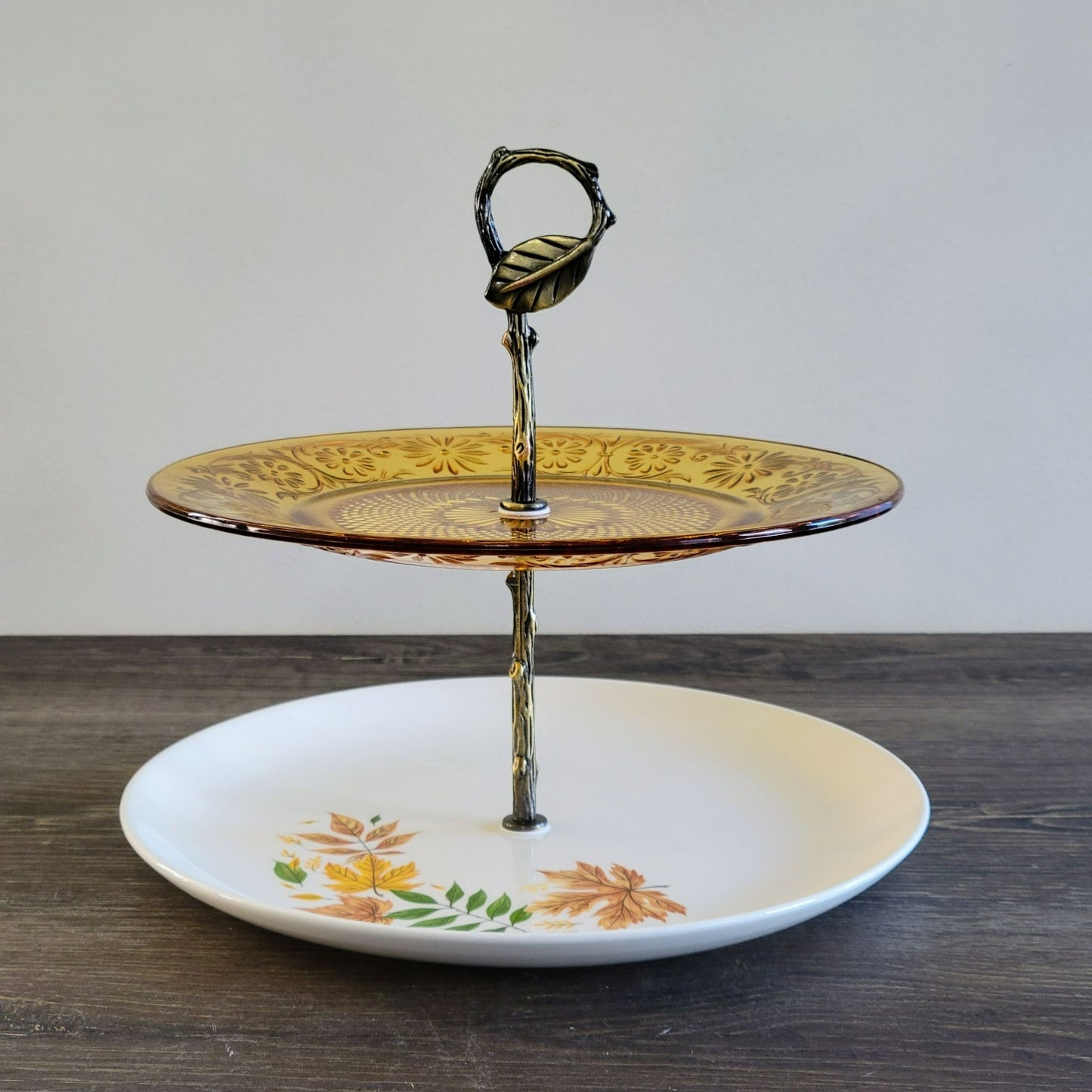 Mismatched 2 Tiered Dessert Stand, Made from Indiana Glass & Salem Autumn Leaves Plate