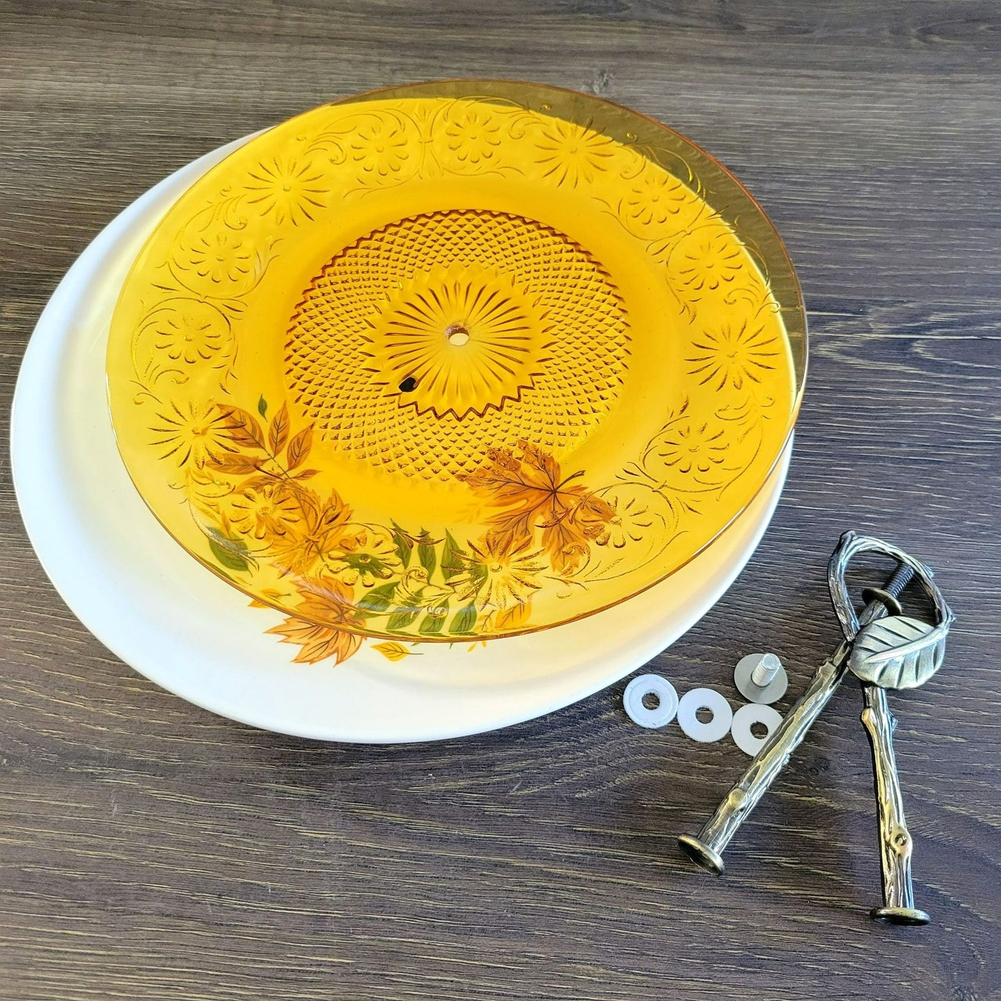 Mismatched 2 Tiered Dessert Stand, Made from Indiana Glass & Salem Autumn Leaves Plate