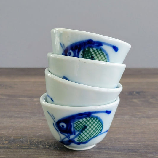 Chinese Blue and White Koi Fish Sake Cup, Set of 4