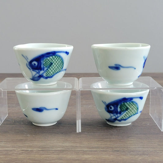 Chinese Blue and White Koi Fish Sake Cup, Set of 4