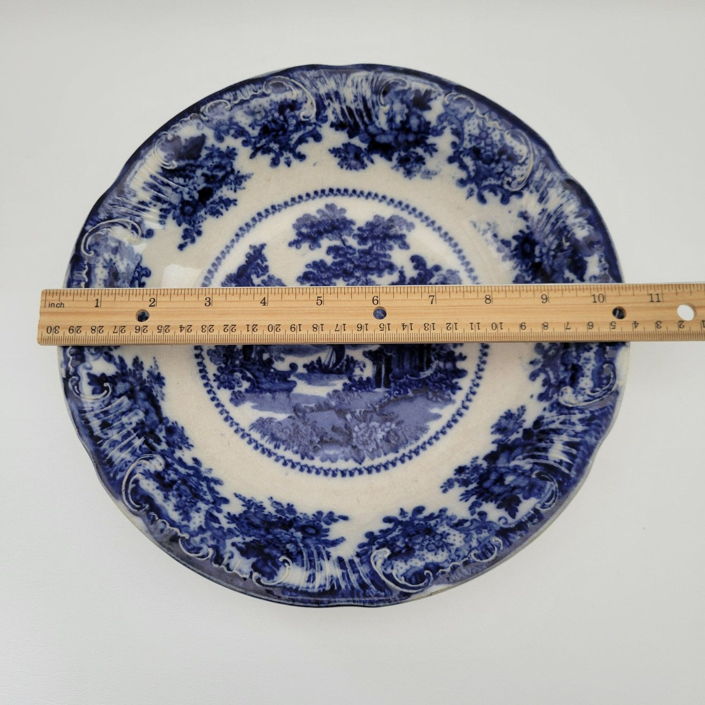 Antique W. Adams & Co. Flow Blue Fairy Villa Serving Bowl, c.1891-1910s England