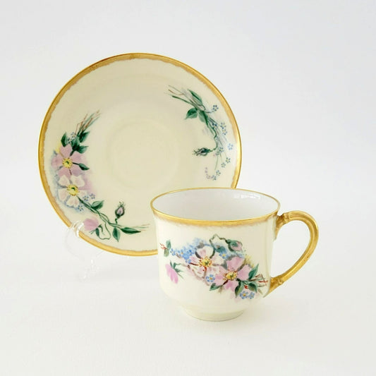 Antique Johann Haviland Waldershof Floral Demitasse Cup & Saucer, Heavy Gold Trim, Hand Painted Pink and Blue Floral, c.1907-24 Germany
