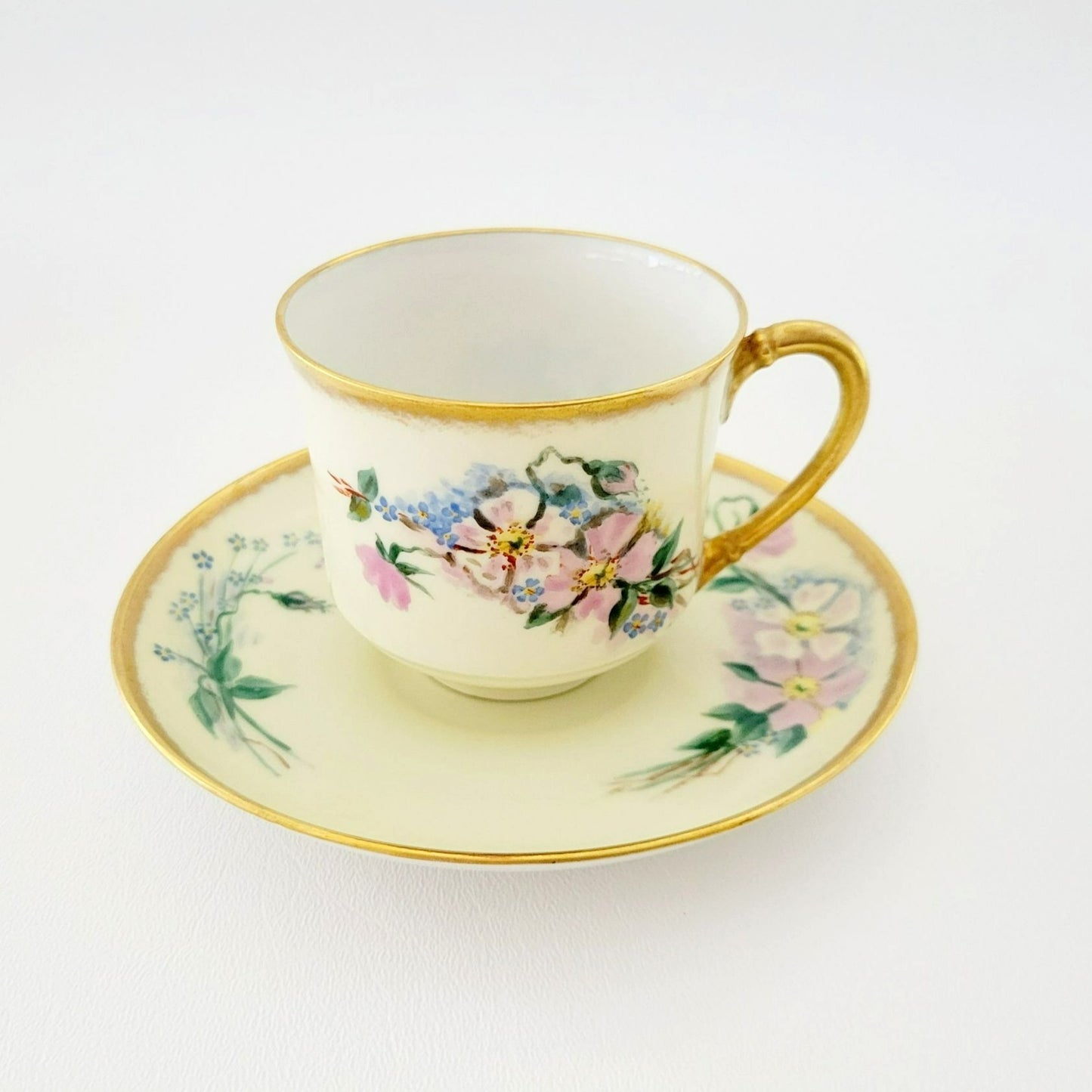 Antique Johann Haviland Waldershof Floral Demitasse Cup & Saucer, Heavy Gold Trim, Hand Painted Pink and Blue Floral, c.1907-24 Germany