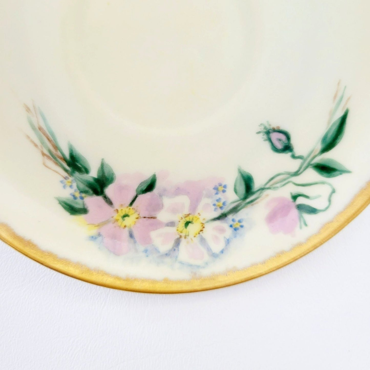 Antique Johann Haviland Waldershof Floral Demitasse Cup & Saucer, Heavy Gold Trim, Hand Painted Pink and Blue Floral, c.1907-24 Germany