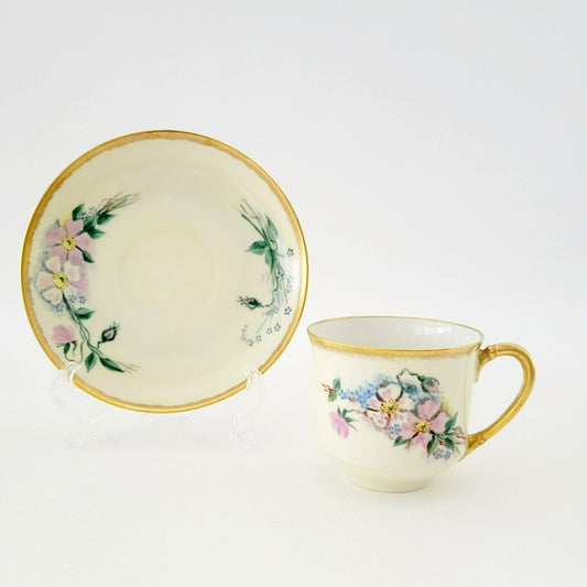Antique Johann Haviland Waldershof Floral Demitasse Cup & Saucer, Heavy Gold Trim, Hand Painted Pink and Blue Floral, c.1907-24 Germany