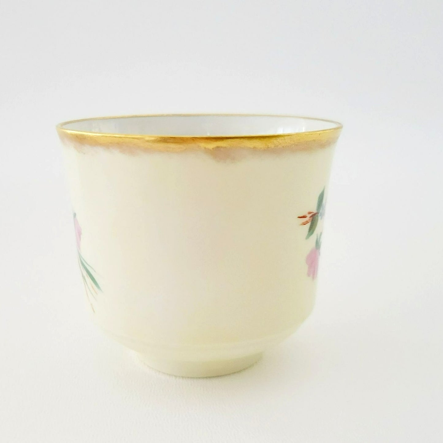 Antique Johann Haviland Waldershof Floral Demitasse Cup & Saucer, Heavy Gold Trim, Hand Painted Pink and Blue Floral, c.1907-24 Germany