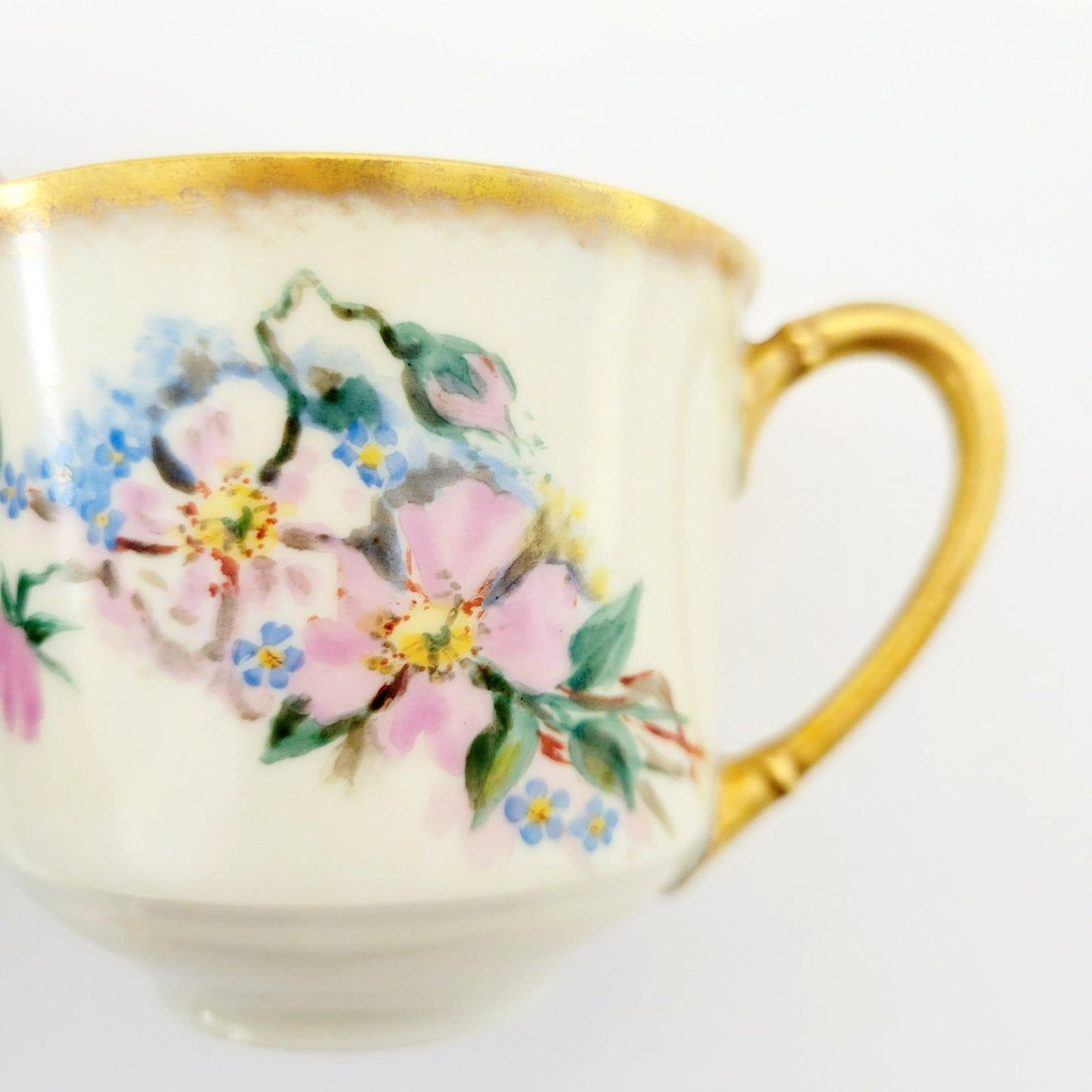 Antique Johann Haviland Waldershof Floral Demitasse Cup & Saucer, Heavy Gold Trim, Hand Painted Pink and Blue Floral, c.1907-24 Germany