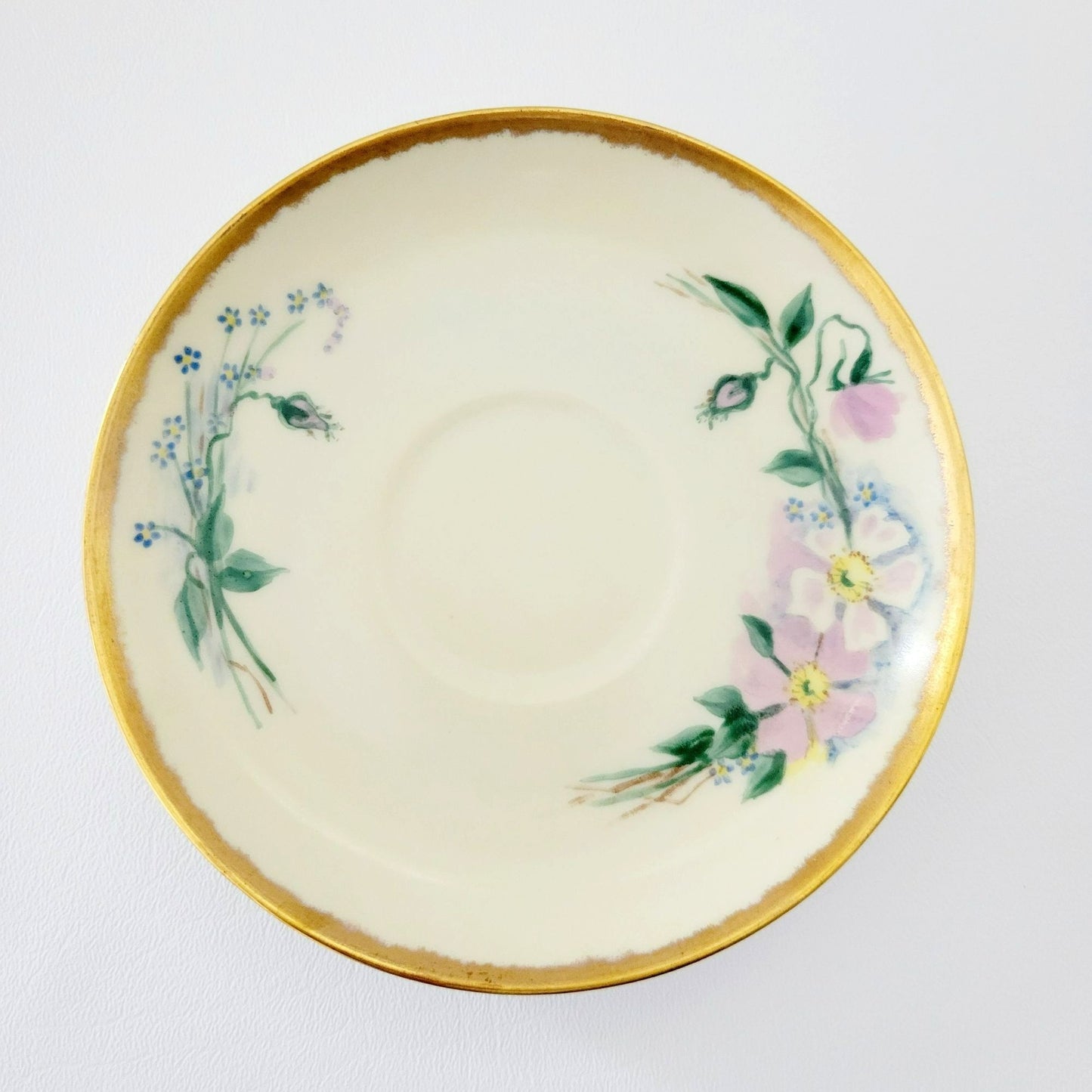 Antique Johann Haviland Waldershof Floral Demitasse Cup & Saucer, Heavy Gold Trim, Hand Painted Pink and Blue Floral, c.1907-24 Germany