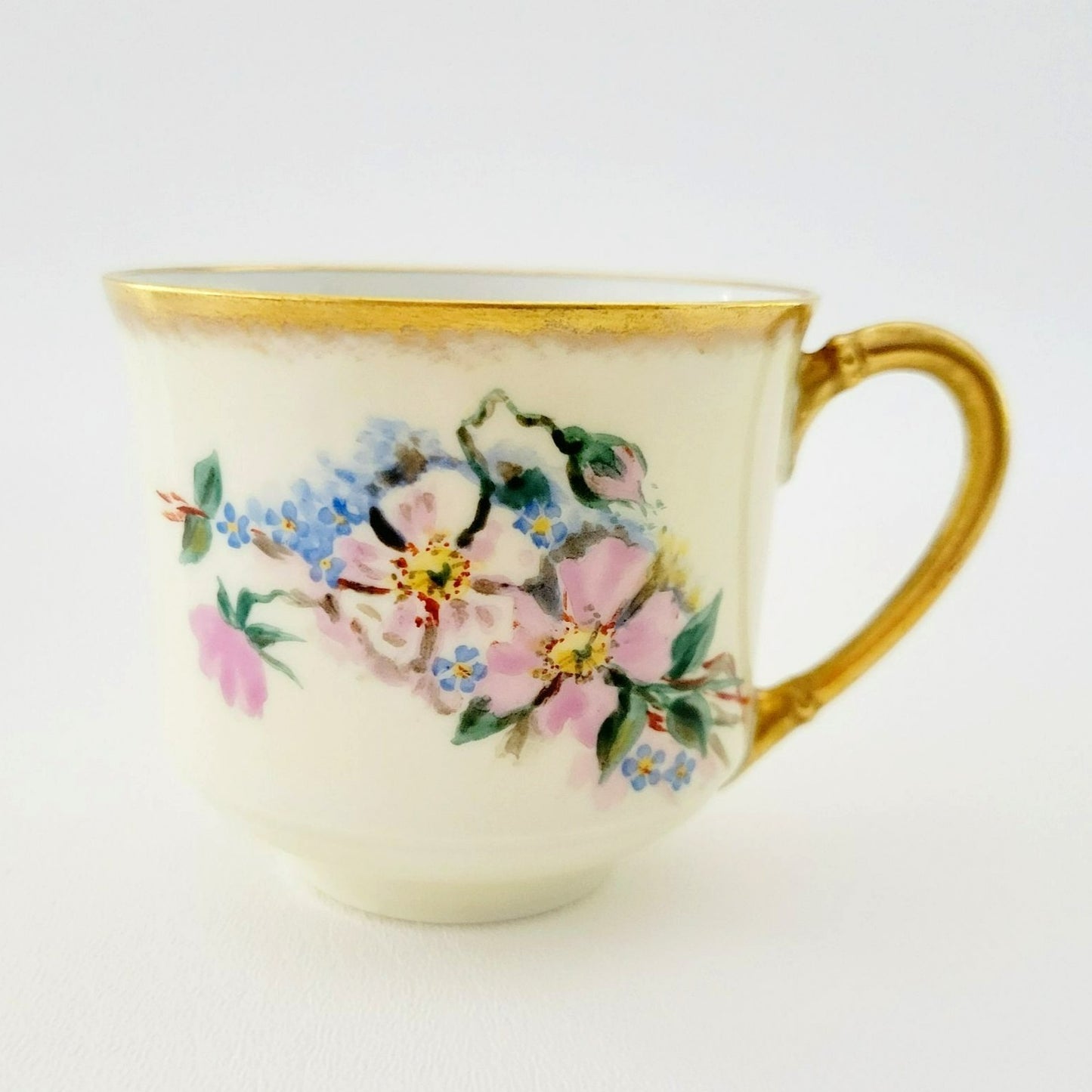 Antique Johann Haviland Waldershof Floral Demitasse Cup & Saucer, Heavy Gold Trim, Hand Painted Pink and Blue Floral, c.1907-24 Germany