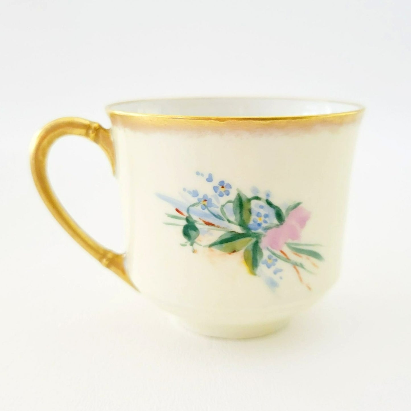 Antique Johann Haviland Waldershof Floral Demitasse Cup & Saucer, Heavy Gold Trim, Hand Painted Pink and Blue Floral, c.1907-24 Germany
