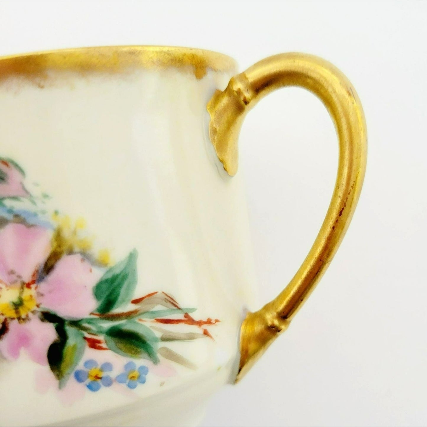 Antique Johann Haviland Waldershof Floral Demitasse Cup & Saucer, Heavy Gold Trim, Hand Painted Pink and Blue Floral, c.1907-24 Germany